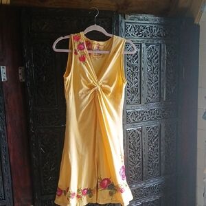 Johnny Was Yellow Dress with Pink Floral Embroidery